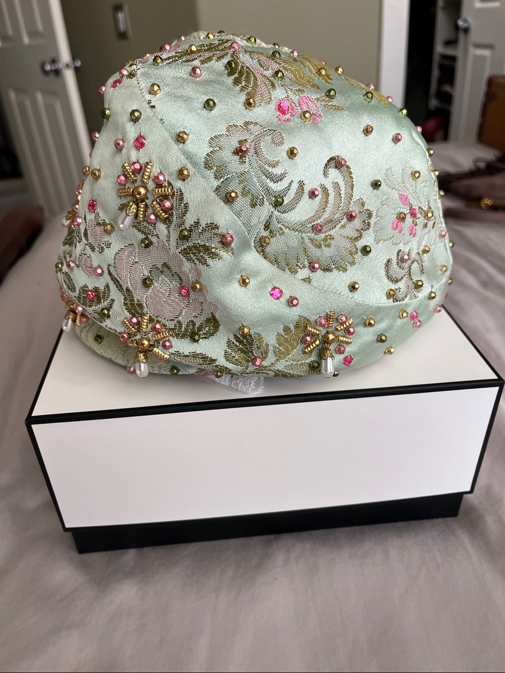 Vintage Dior Mint Green Embroidered Pearl Beret